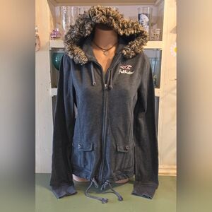 Hollister Zip Up Hoodie Y2K Juniors Large Grey With Brown Faux Fur Trim EUC